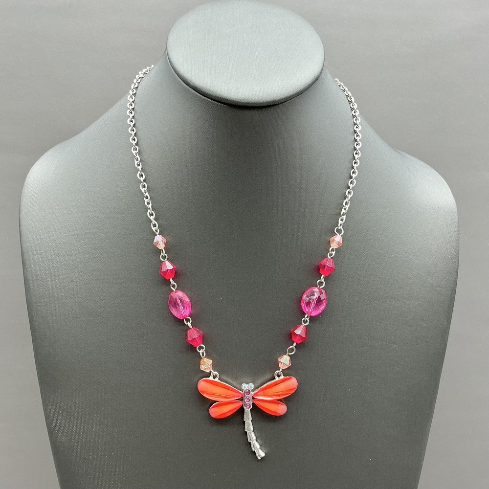 Necklace‎ Dragonfly Pendant Pink Beads Rhinestone Silver Tone Chain 18 In Womens